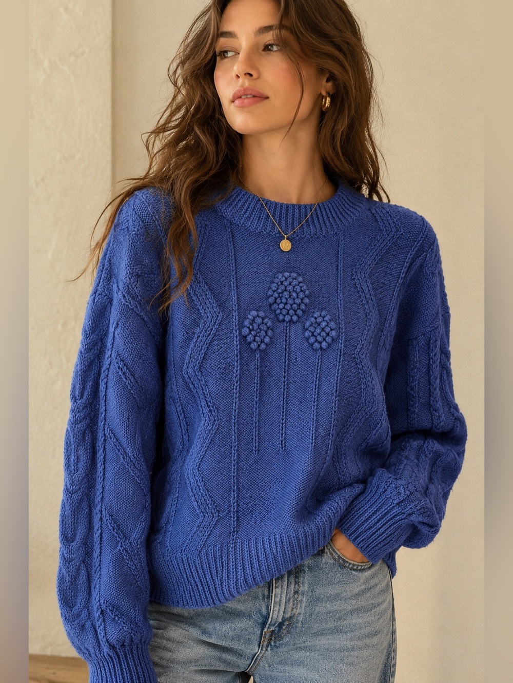 🌺 Vintage Handmade 100% Wool Blue Cable Knit Sweater Cottage-core S 2 4